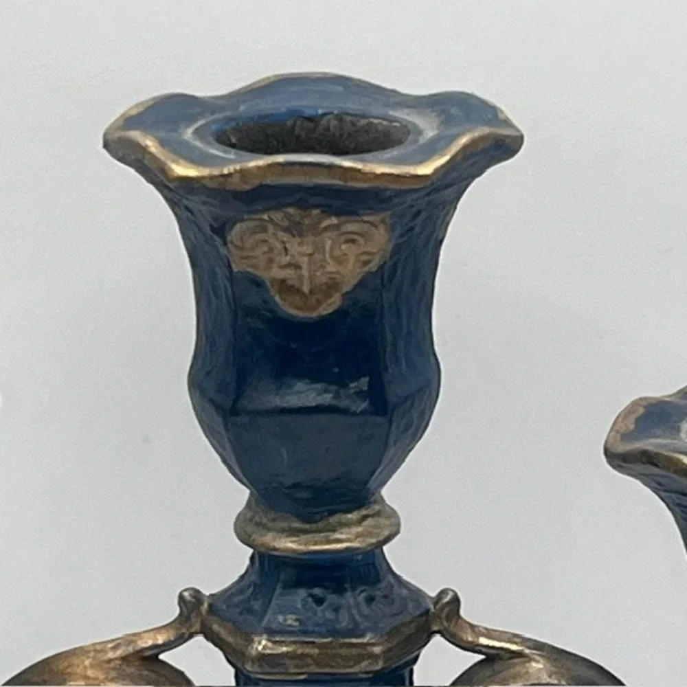 Vintage Nautical Sailing Ship Cast Metal Candelabra 3Arm Candle Holder Blue Gold